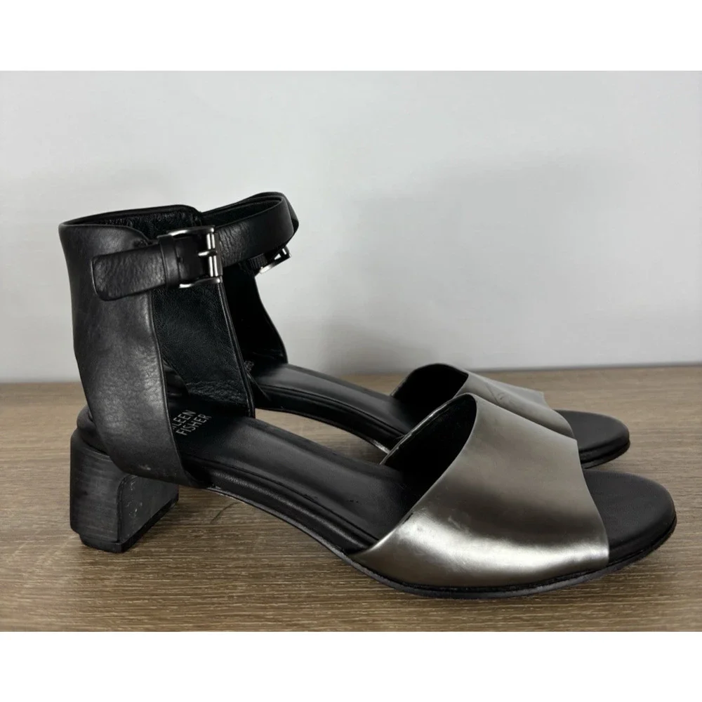 Eileen Fisher Vera Cuoio Leather Block Heel Sandals Pewter Black Womens 7.5